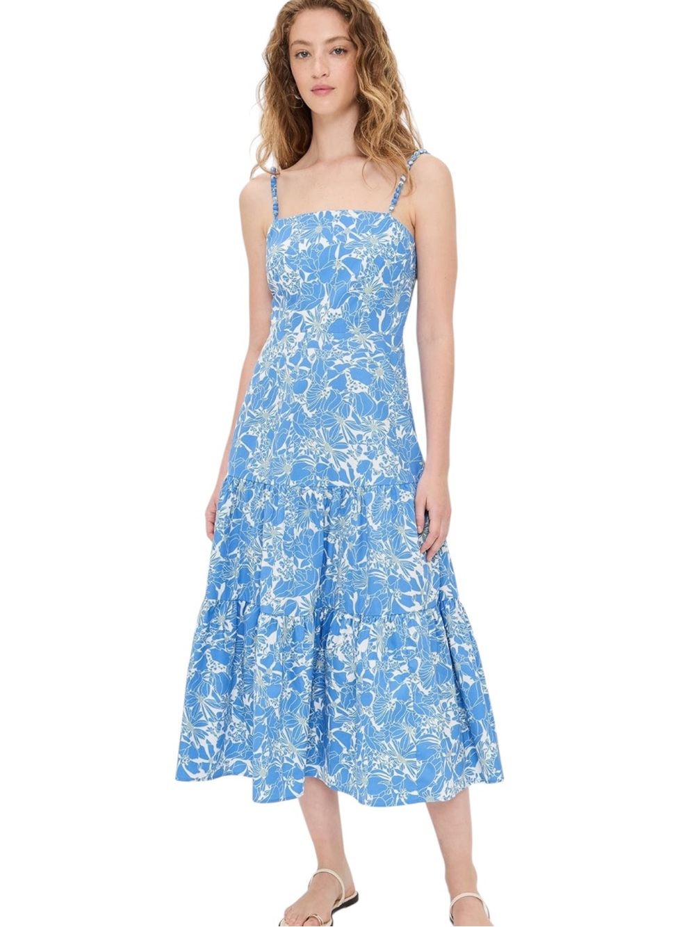 LN O.P.T Dagney Blue Floral Printed Cotton Tiered Midi Dress in Lapis Floral - 8